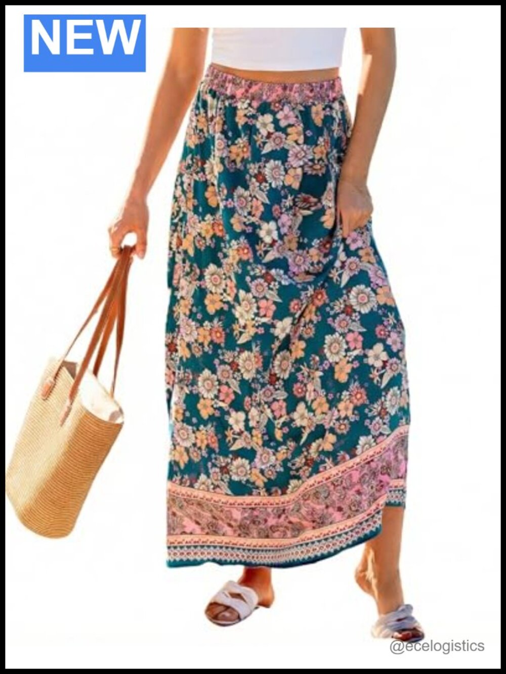 Flowy Boho Floral Maxi Skirt High Rise Rayon Beach Vacation